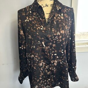 Halogen Black and Brown Button Down‎ Blouse with Notched Collar
